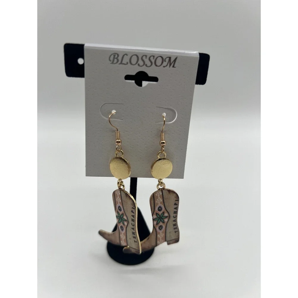 Blossom Tehachapi Cowboy Boot Drop Earrings Gold Tone Western Floral Country NEW
